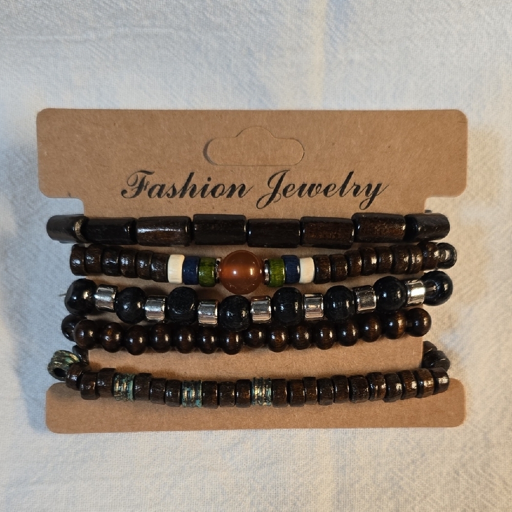 Brown Wooden Beaded Bracelet Set - Picture 2 of 3